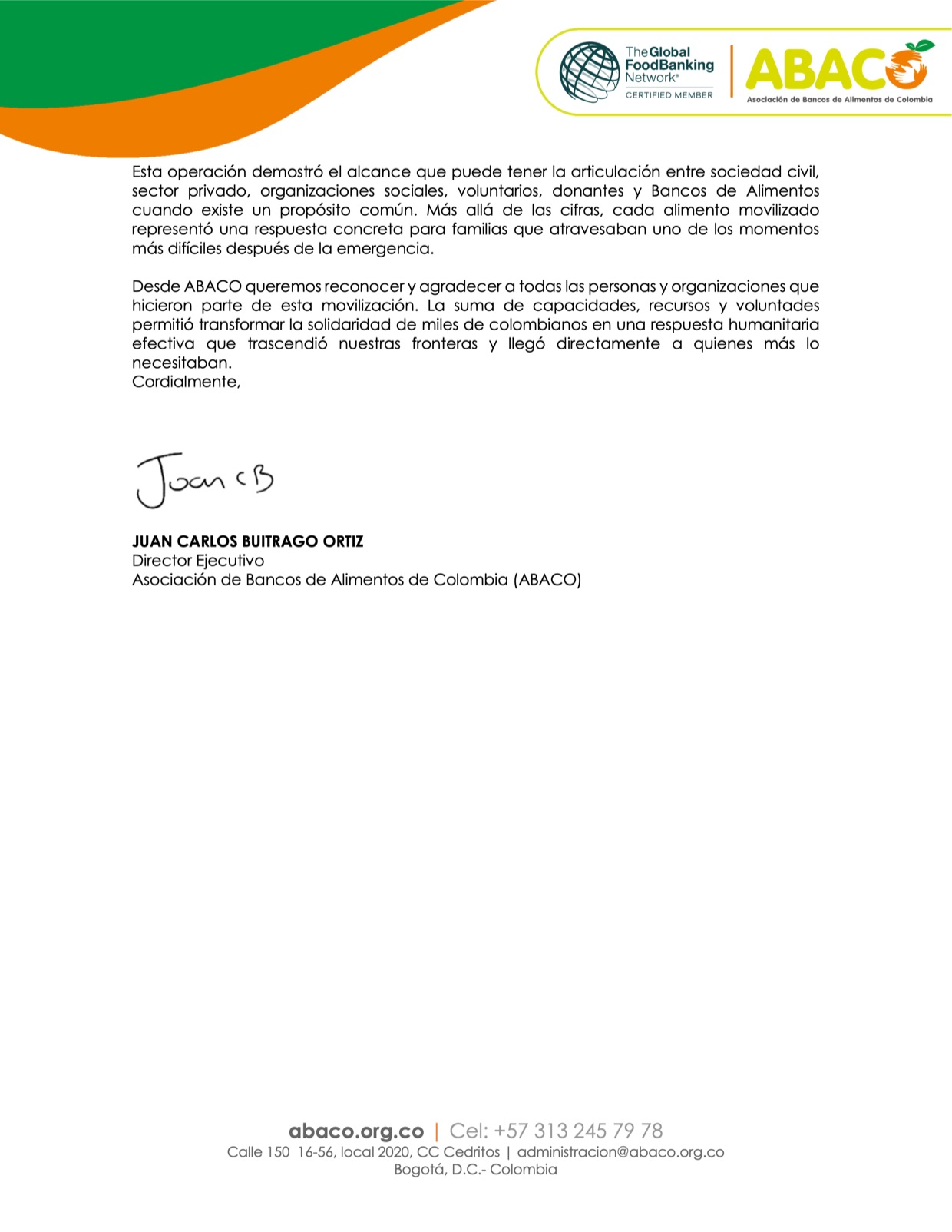 Página 2 de la carta de ABACO, firmada por Juan Carlos Buitrago Ortiz, director ejecutivo de la Asociación de Bancos de Alimentos de Colombia.